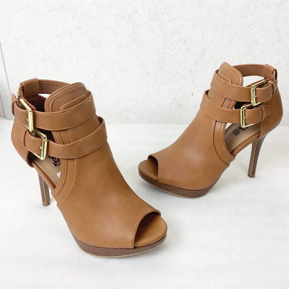 Brash Jayden Cognac Brown Buckle Open Toe Bootie Heels Size 6.5 Faux Leather